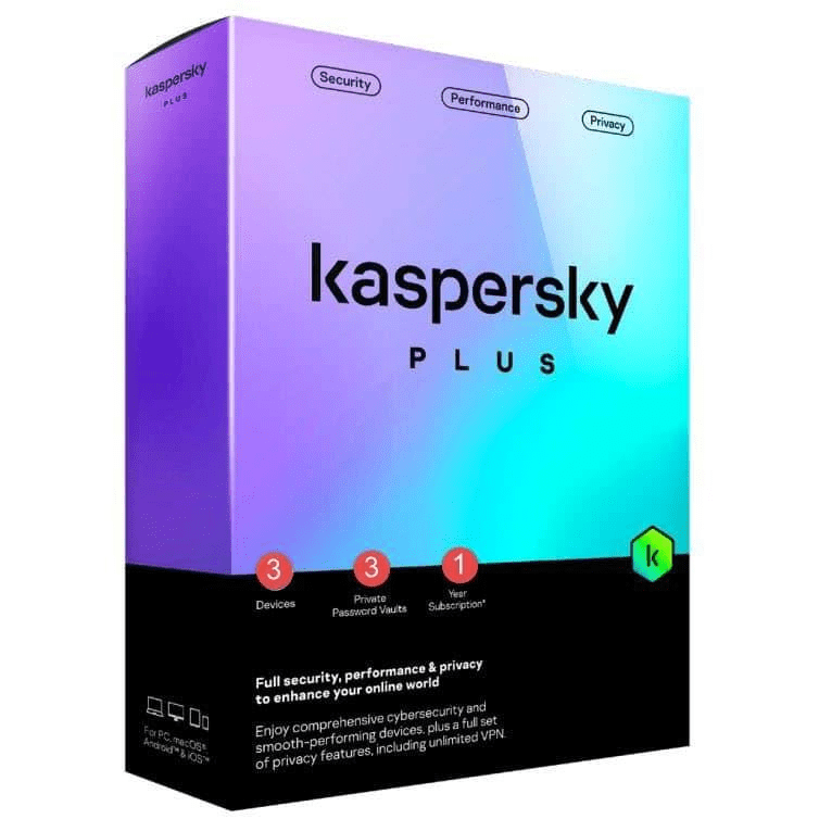 Kaspersky Plus Internet Security retail box, 3 devices, 1 year subscription